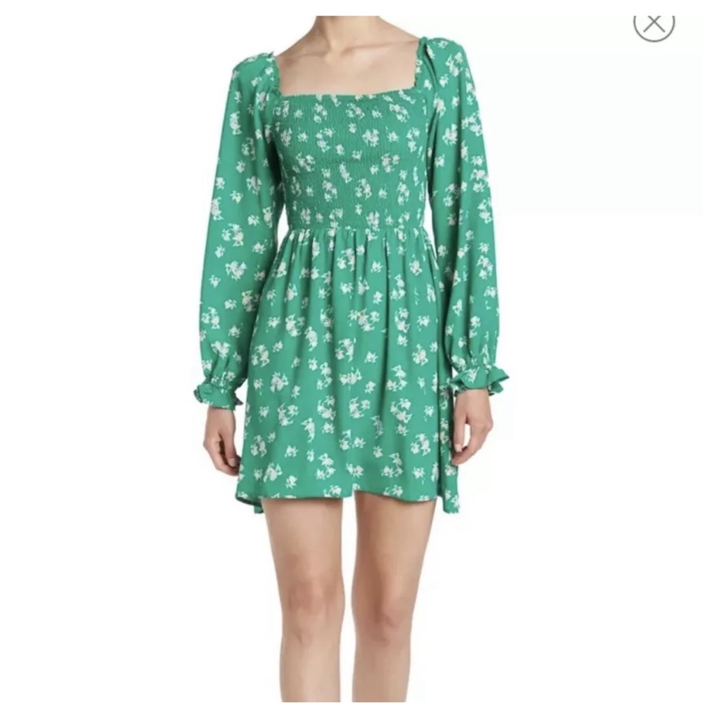 WAYF Green Floral Smocked Long Sleeve Mini Dress